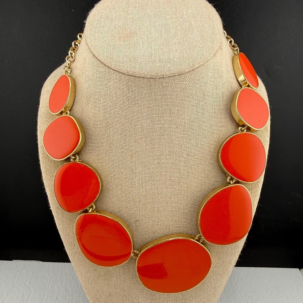 LC Statement Necklace Gold Tone Orange Enamel Signed Adjustable Slab 17”